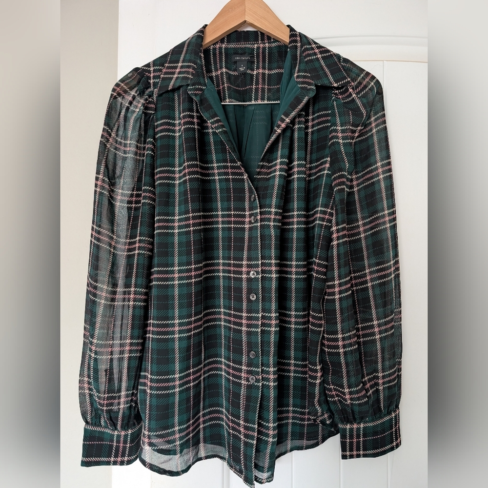 Ann Taylor Green Plaid Button Down Blouse